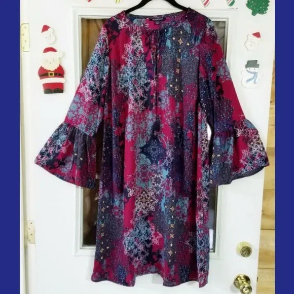 Roaman's Multi Print Flare Bell Sleeve Dress - Picture 2 of 3